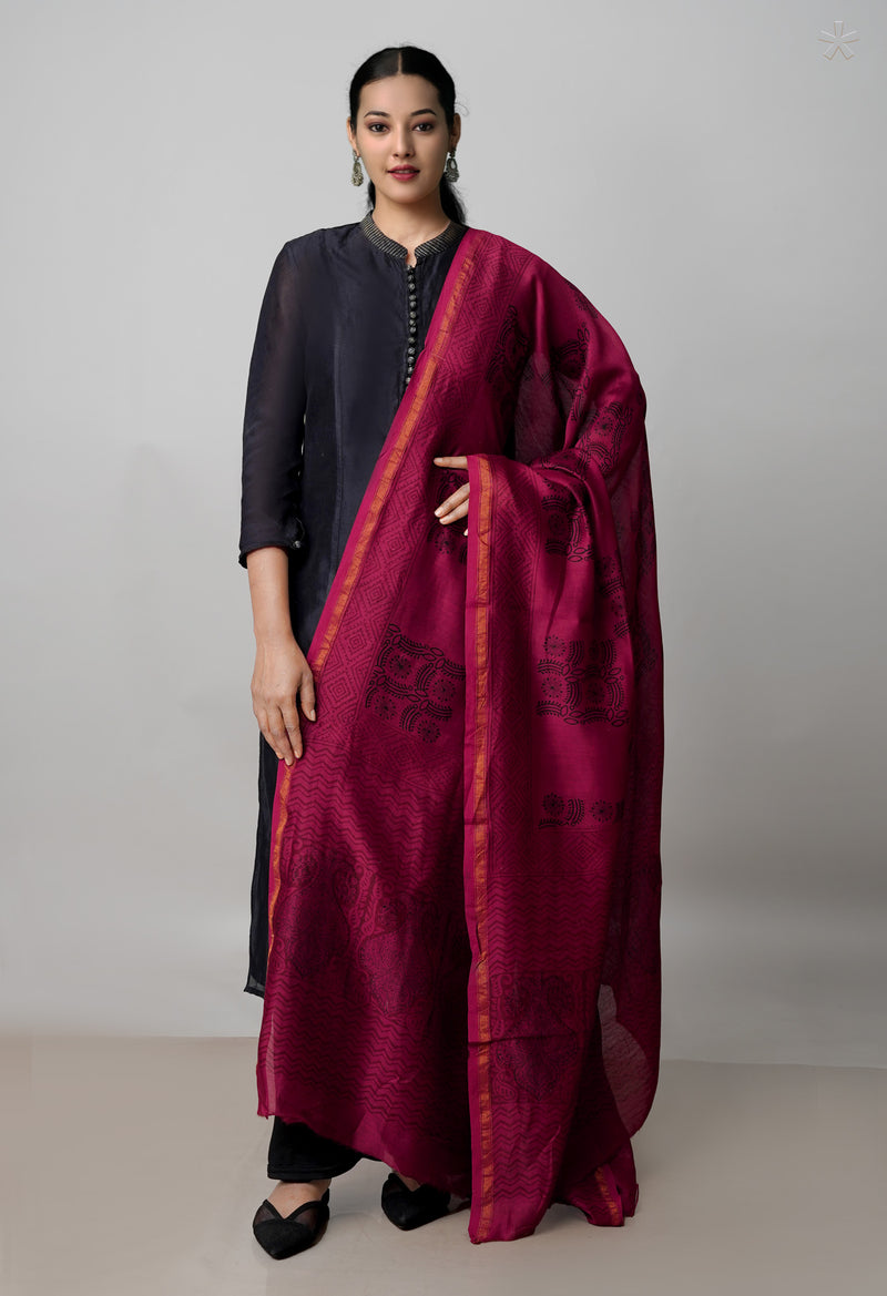 Maroon Pure Chanderi Bagh Printed Dupatta–UDS4959