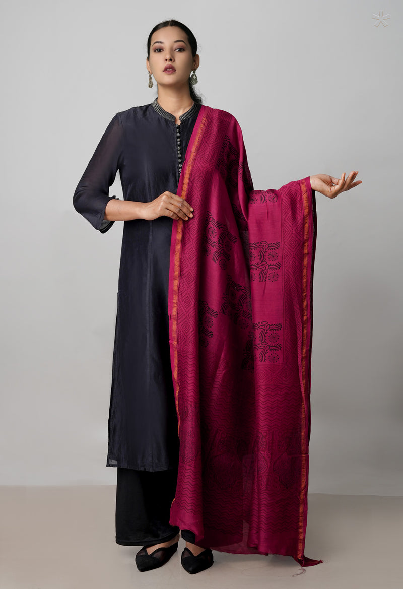 Maroon Pure Chanderi Bagh Printed Dupatta–UDS4959