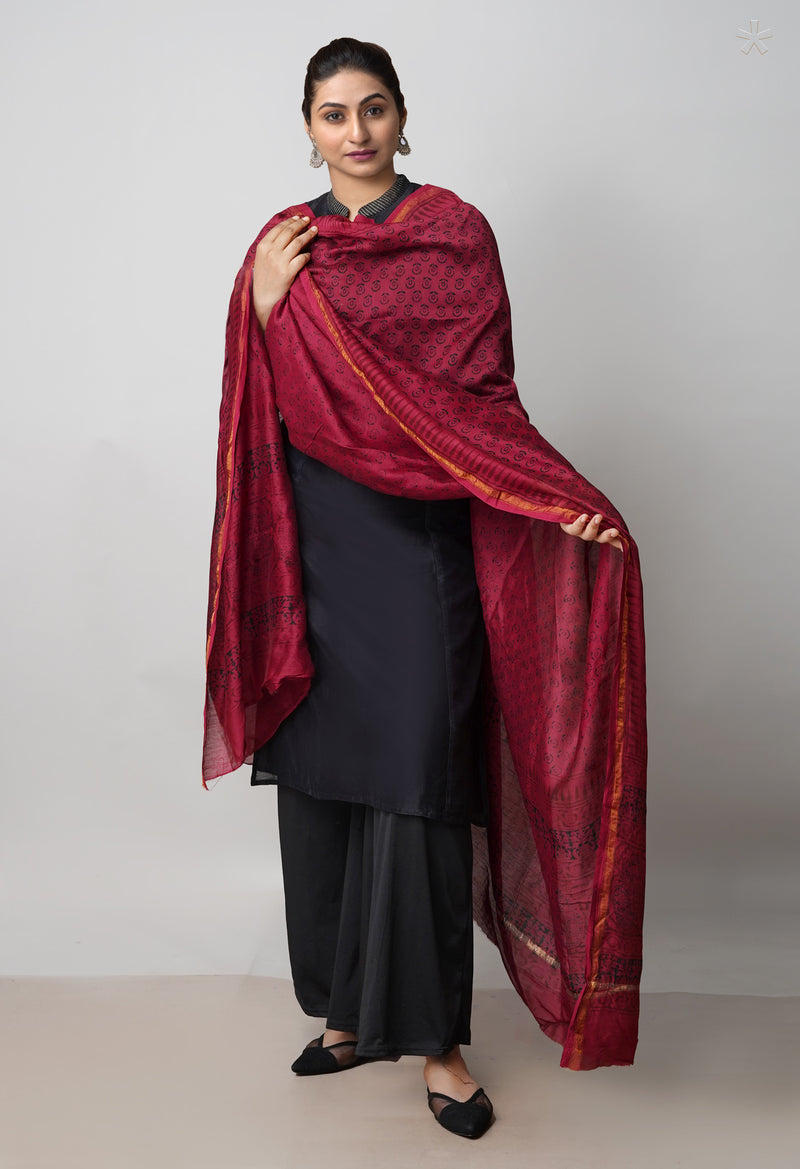 Maroon Pure Chanderi Bagh Printed Dupatta–UDS4964