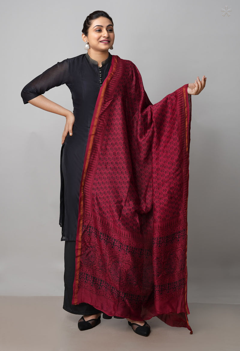 Maroon Pure Chanderi Bagh Printed Dupatta–UDS4964