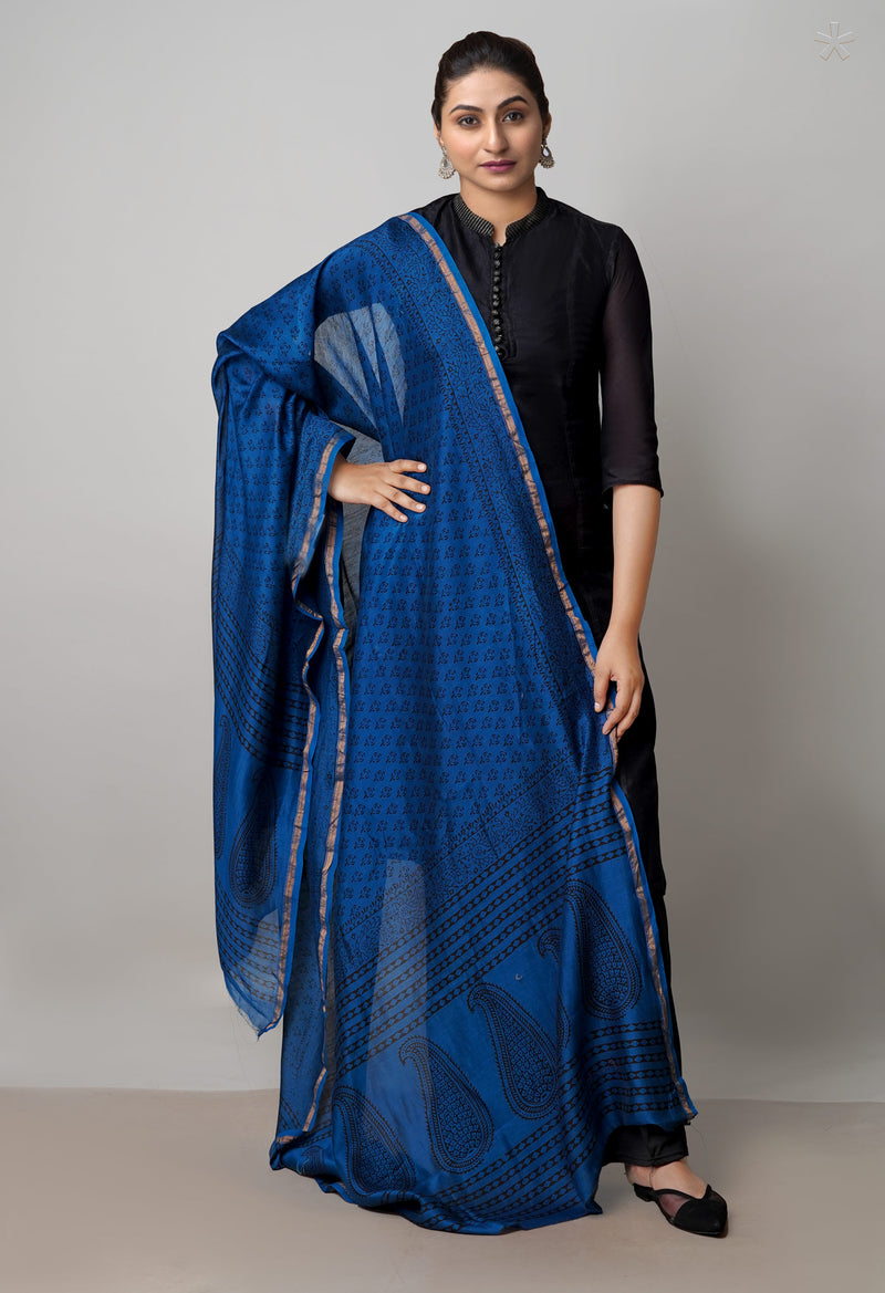 Blue Pure Chanderi Bagh Printed Dupatta–UDS4966