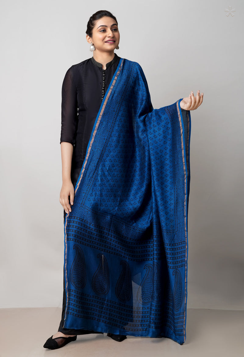 Blue Pure Chanderi Bagh Printed Dupatta–UDS4966