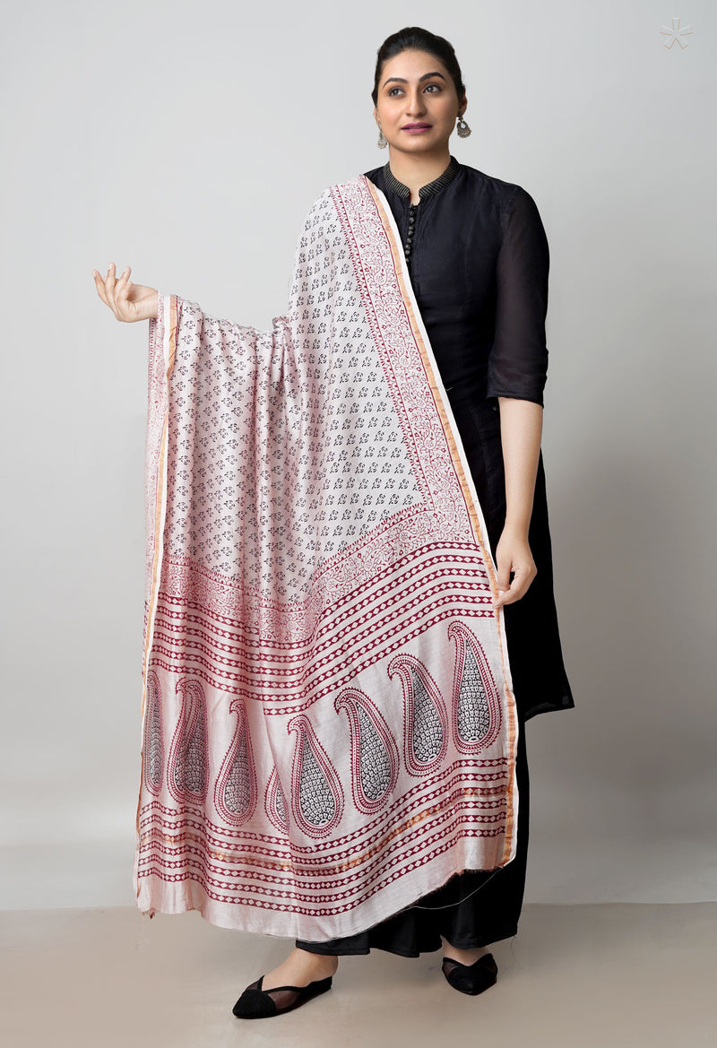 Beige Pure Chanderi Bagh Printed Dupatta–UDS4969