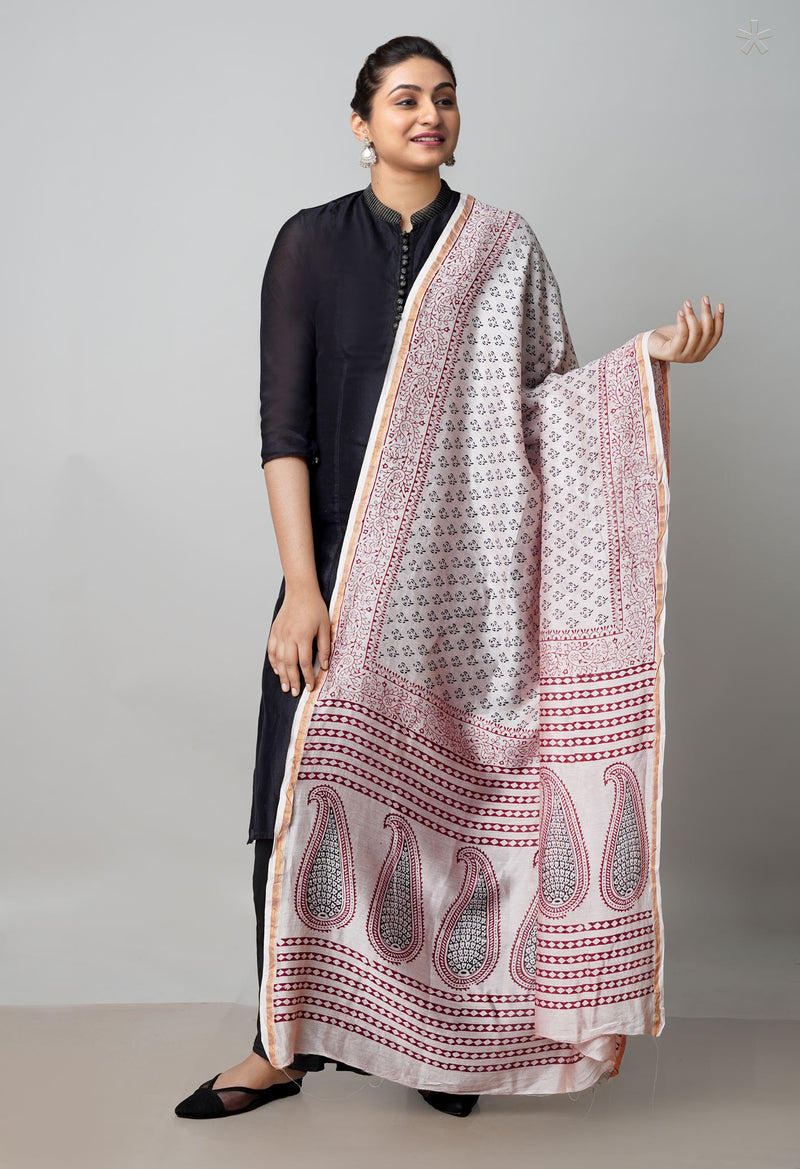 Beige Pure Chanderi Bagh Printed Dupatta–UDS4969