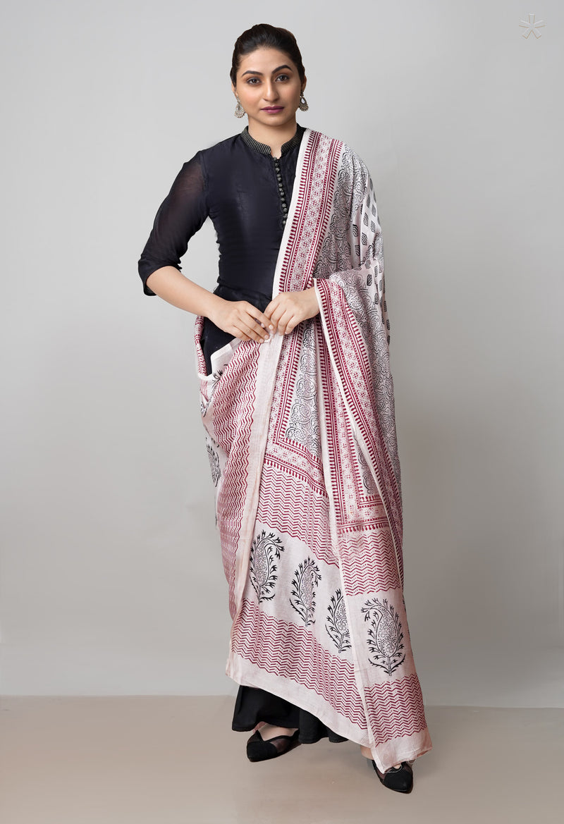 Beige Pure Chanderi Bagh Printed Dupatta–UDS4973