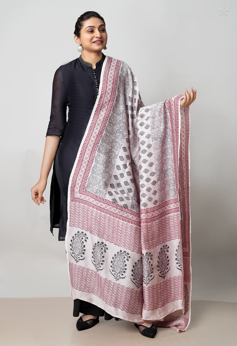 Beige Pure Chanderi Bagh Printed Dupatta–UDS4973