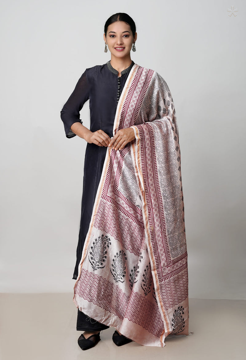 Beige Pure Chanderi Bagh Printed Dupatta–UDS4974