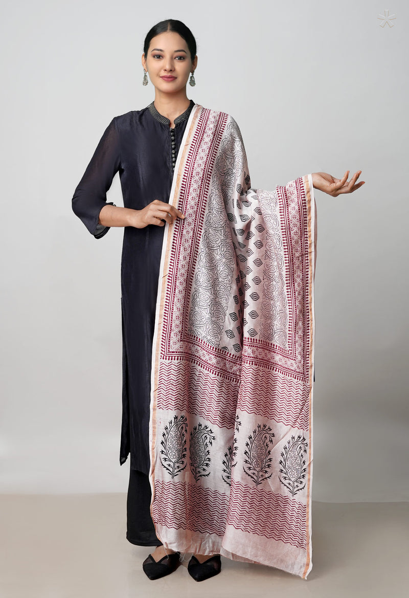 Beige Pure Chanderi Bagh Printed Dupatta–UDS4974