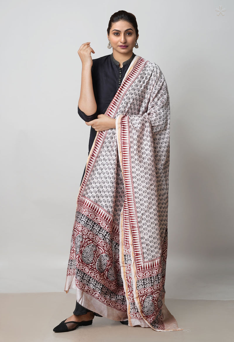 Beige Pure Chanderi Bagh Printed Dupatta–UDS4975