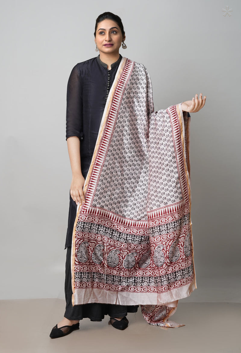 Beige Pure Chanderi Bagh Printed Dupatta–UDS4975