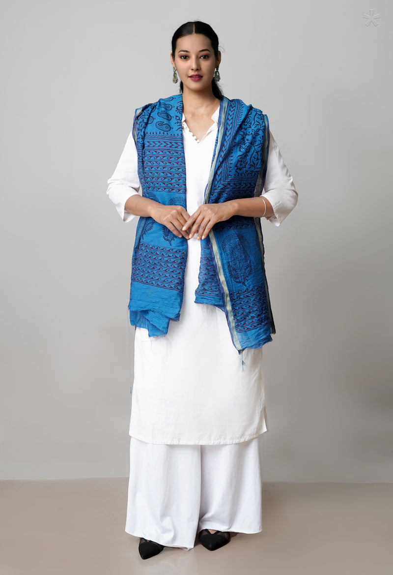 Blue Pure Chanderi Bagh Printed Dupatta–UDS4977