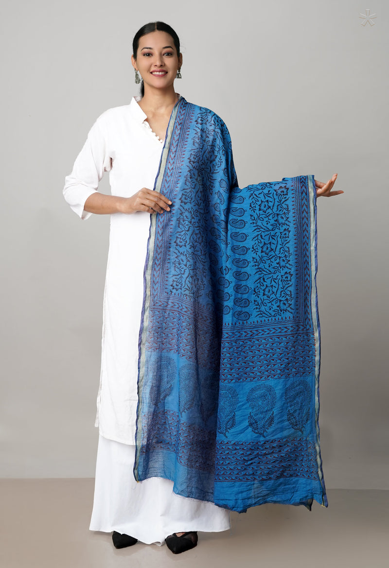 Blue Pure Chanderi Bagh Printed Dupatta–UDS4977