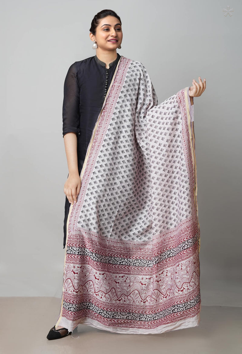 Beige Pure Chanderi Bagh Printed Dupatta–UDS4978