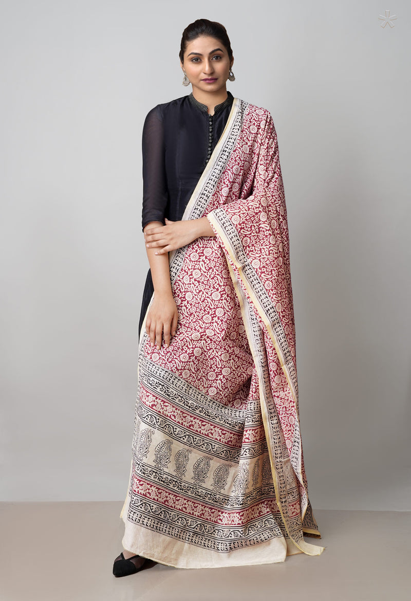 Half-White Pure Chanderi Bagh Printed Dupatta–UDS4979