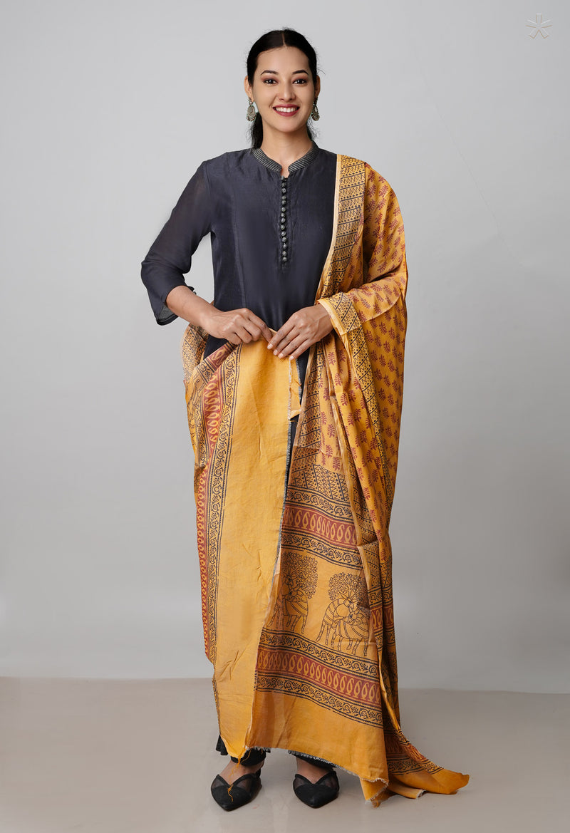Sepia Brown Pure Chanderi Bagh Printed Dupatta–UDS4980