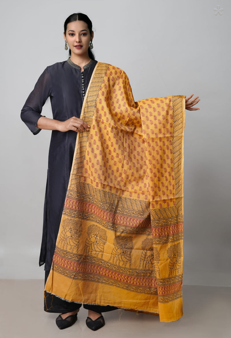 Sepia Brown Pure Chanderi Bagh Printed Dupatta–UDS4980