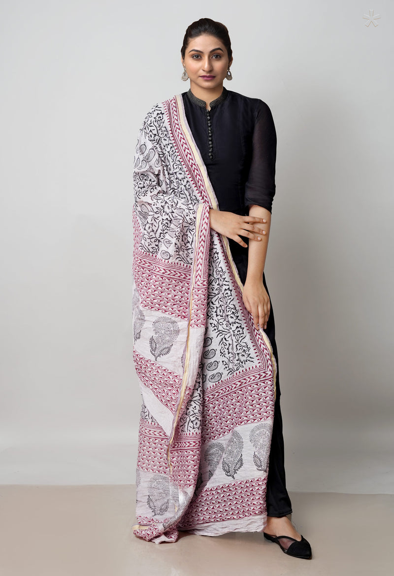 Half White Pure Chanderi Bagh Printed Dupatta–UDS4984
