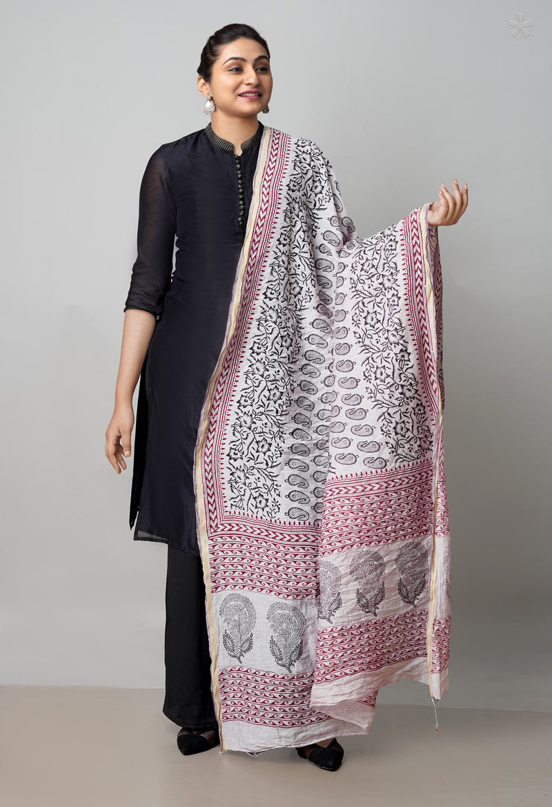 Half White Pure Chanderi Bagh Printed Dupatta–UDS4984