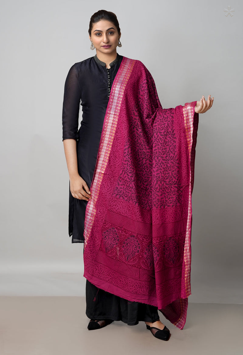 Hippie Pink Pure Bagh printed Cotton dupatta with Weaving Border–UDS4989