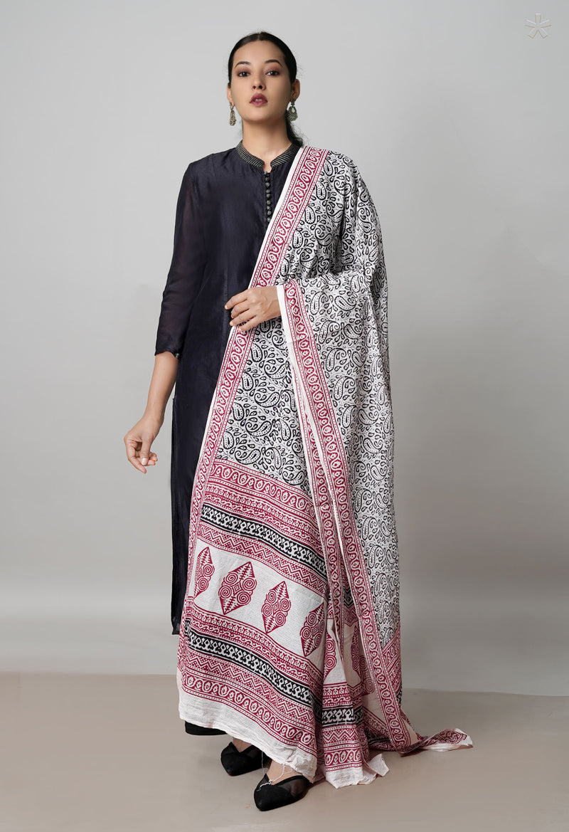 Half White Kota Checks Bagh Printed Dupatta–UDS4993