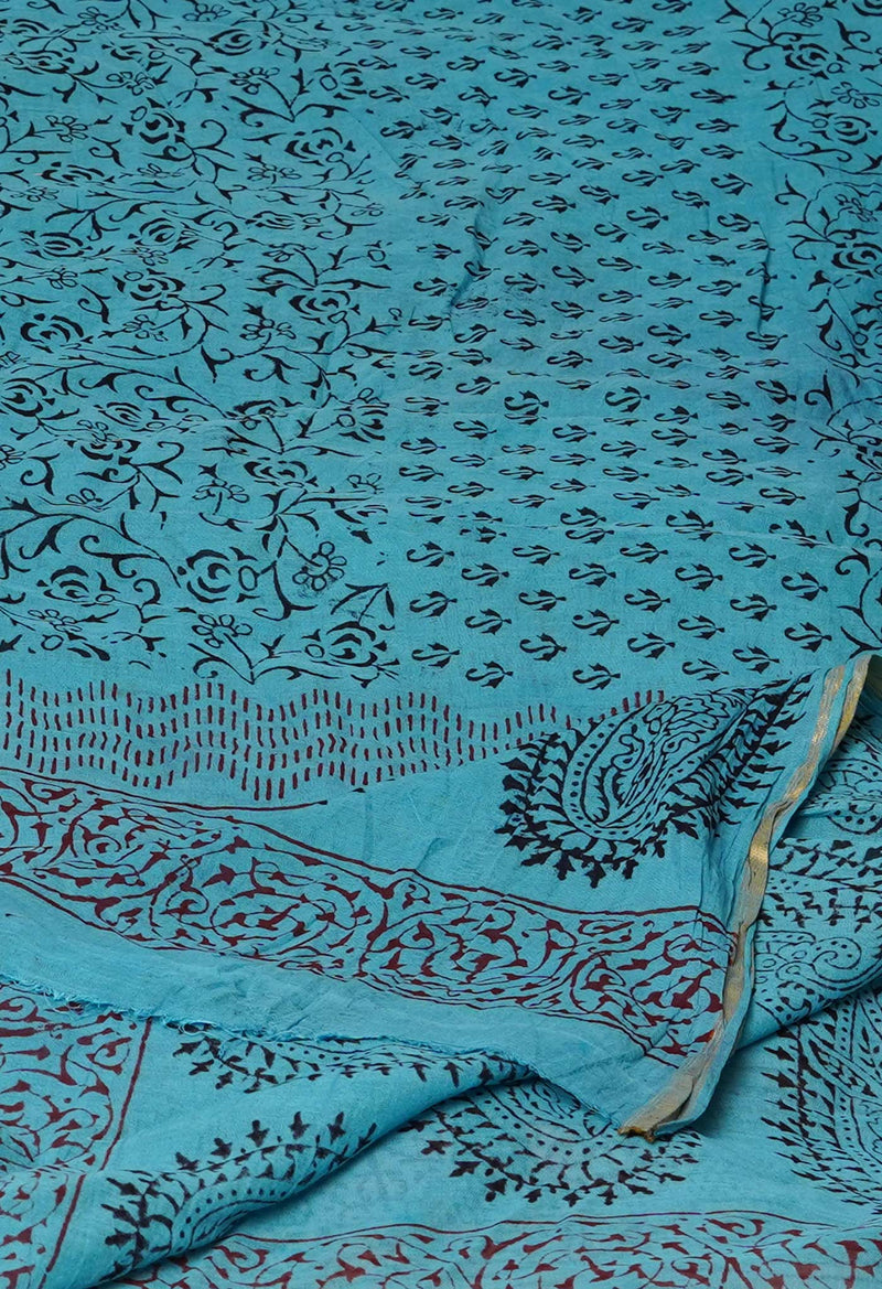 Sky Blue Pure Cotton Bagh Printed Zari Piping Dupatta –UDS5042