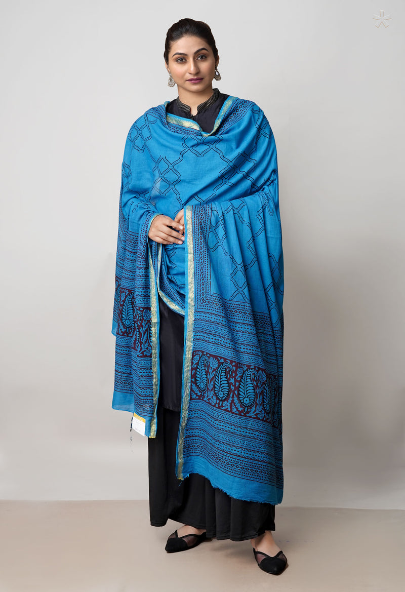Blue Pure Cotton Bagh Printed Zari Piping Dupatta –UDS5044