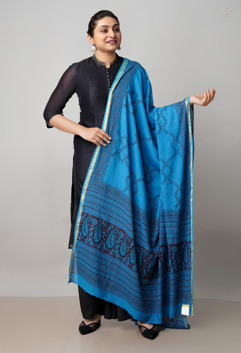Blue Pure Cotton Bagh Printed Zari Piping Dupatta –UDS5044
