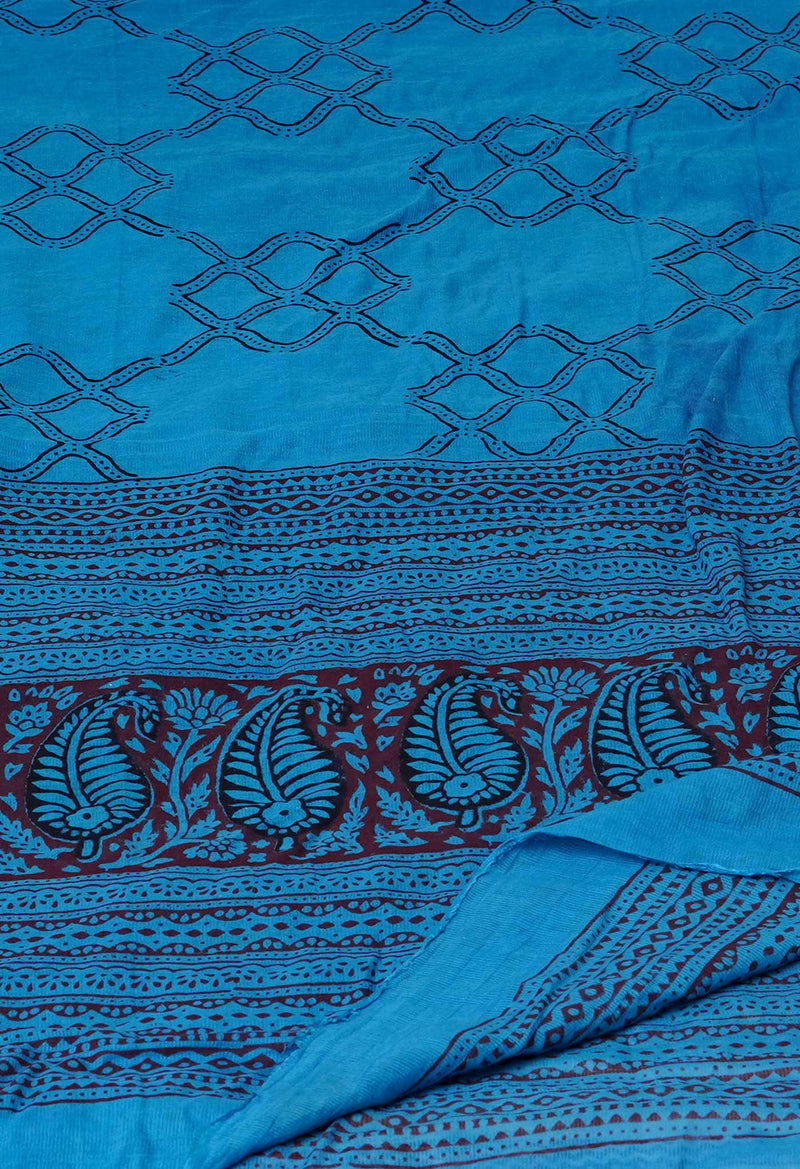 Blue Pure Cotton Bagh Printed Zari Piping Dupatta –UDS5044