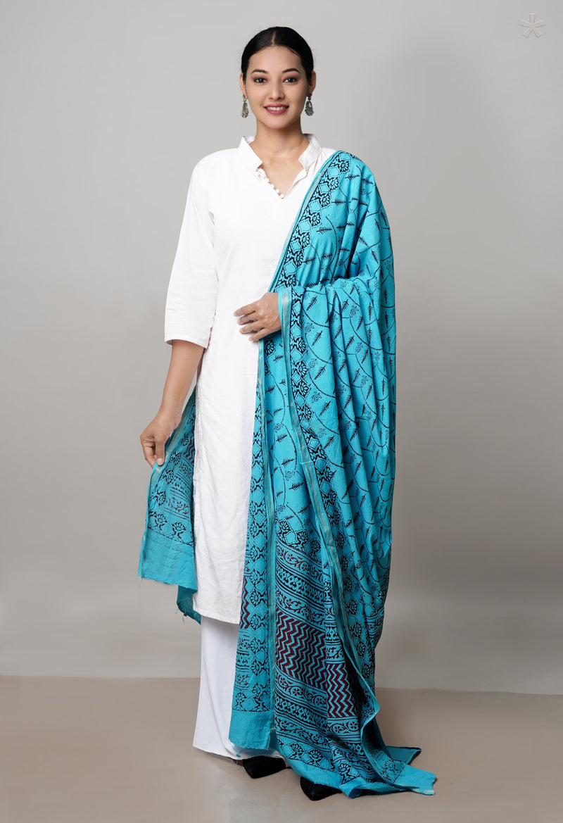 Sky Blue Pure Cotton Bagh Printed Zari Piping Dupatta –UDS5045