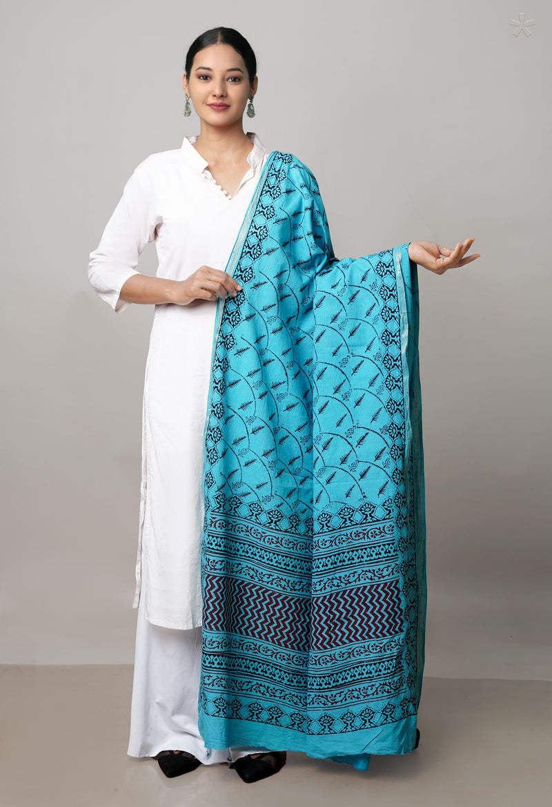 Sky Blue Pure Cotton Bagh Printed Zari Piping Dupatta –UDS5045