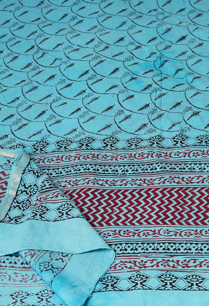 Sky Blue Pure Cotton Bagh Printed Zari Piping Dupatta –UDS5045