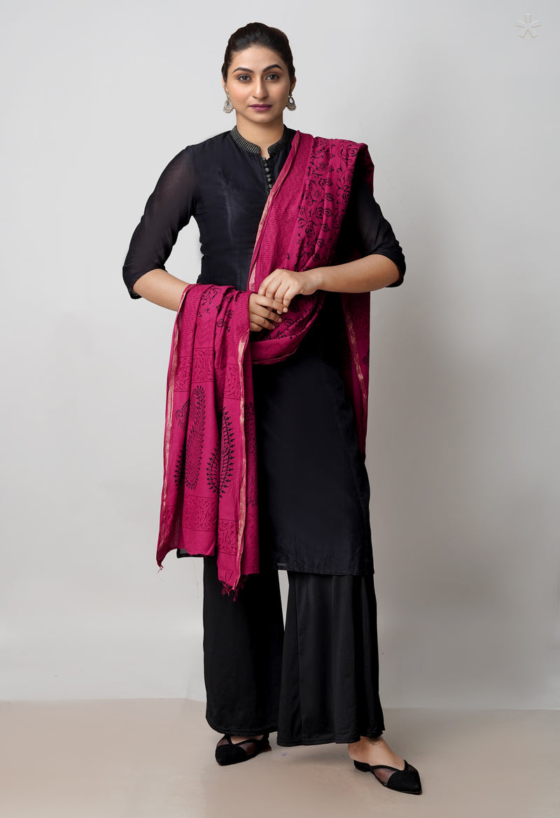 Red Pure Cotton Bagh Printed Zari Piping Dupatta –UDS5048