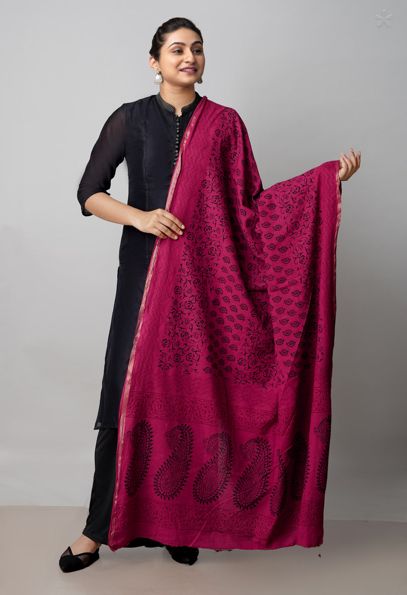 Red Pure Cotton Bagh Printed Zari Piping Dupatta –UDS5048