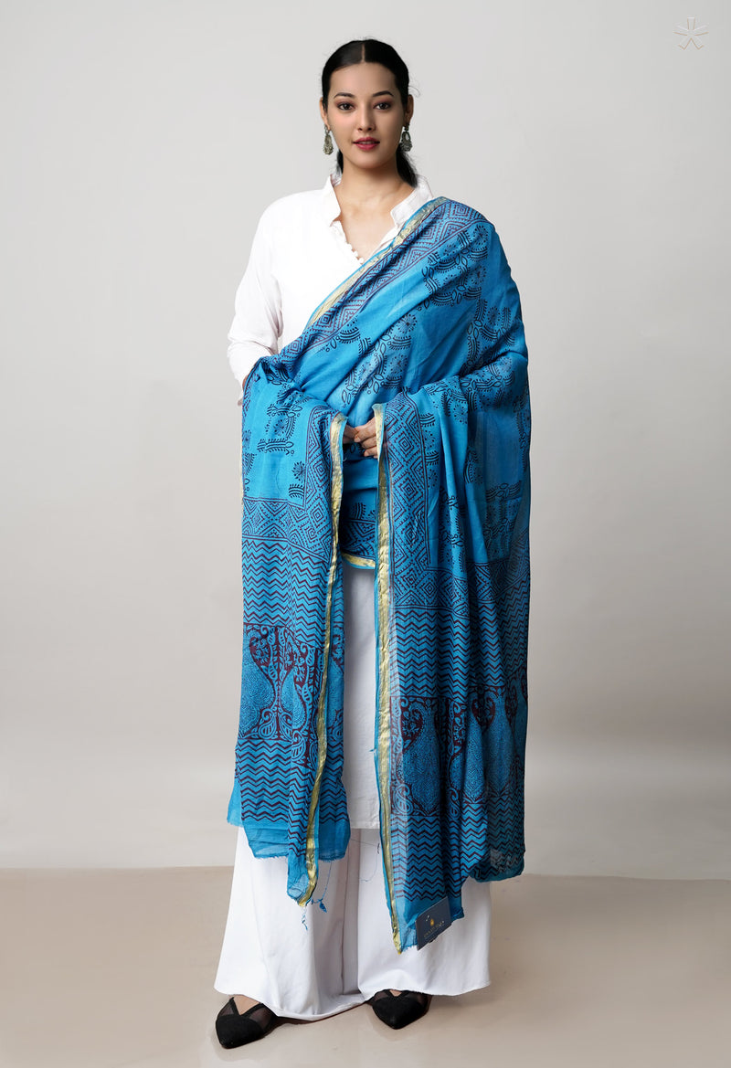 Blue Pure Cotton Bagh Printed Zari Piping Dupatta –UDS5049