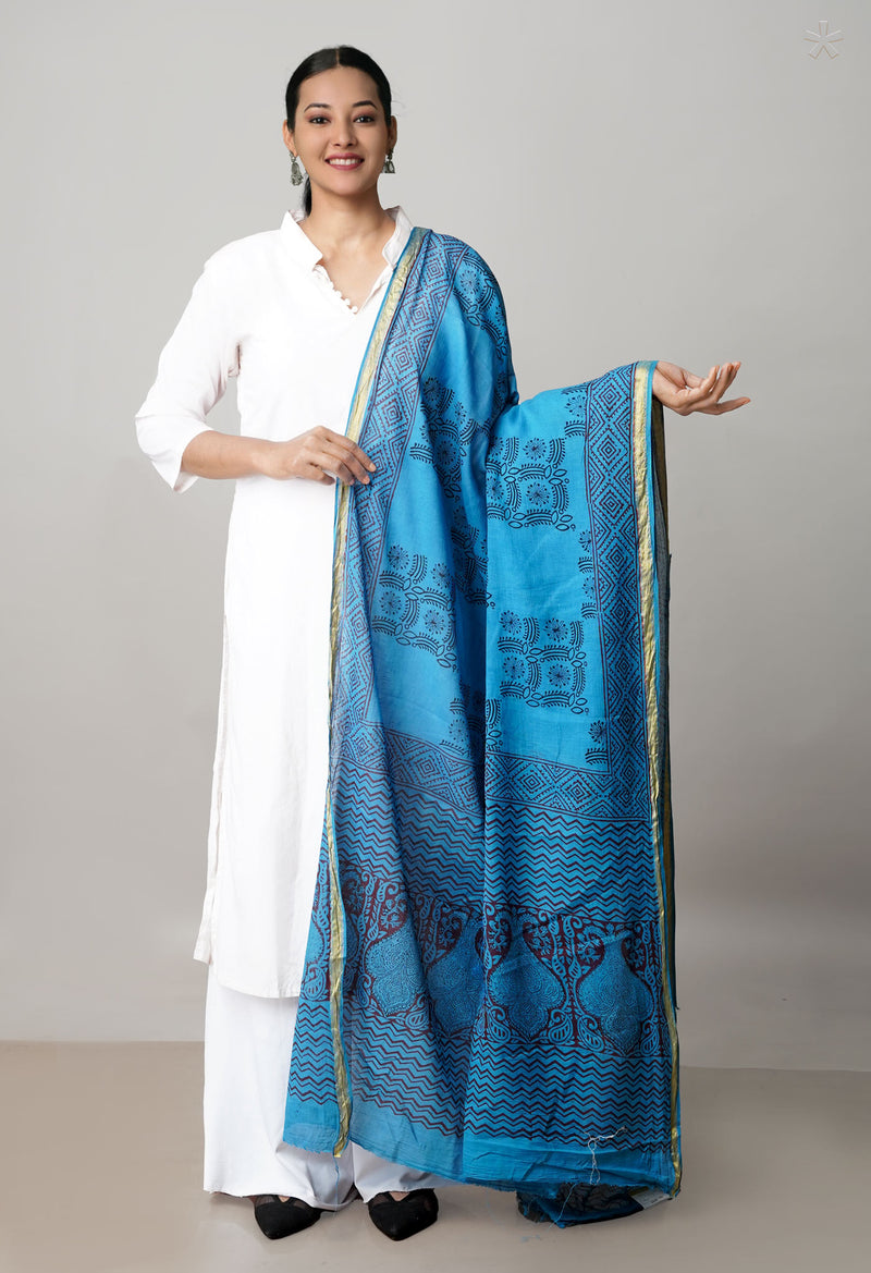 Blue Pure Cotton Bagh Printed Zari Piping Dupatta –UDS5049