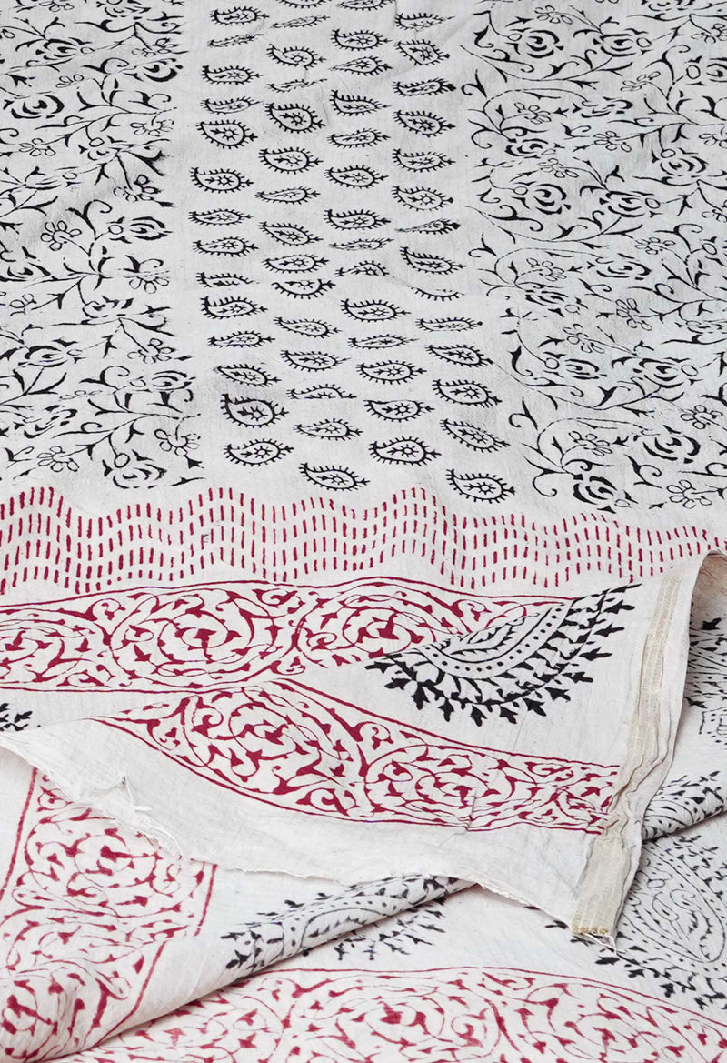 Half White Pure Cotton Bagh Printed Zari Piping Dupatta –UDS5053