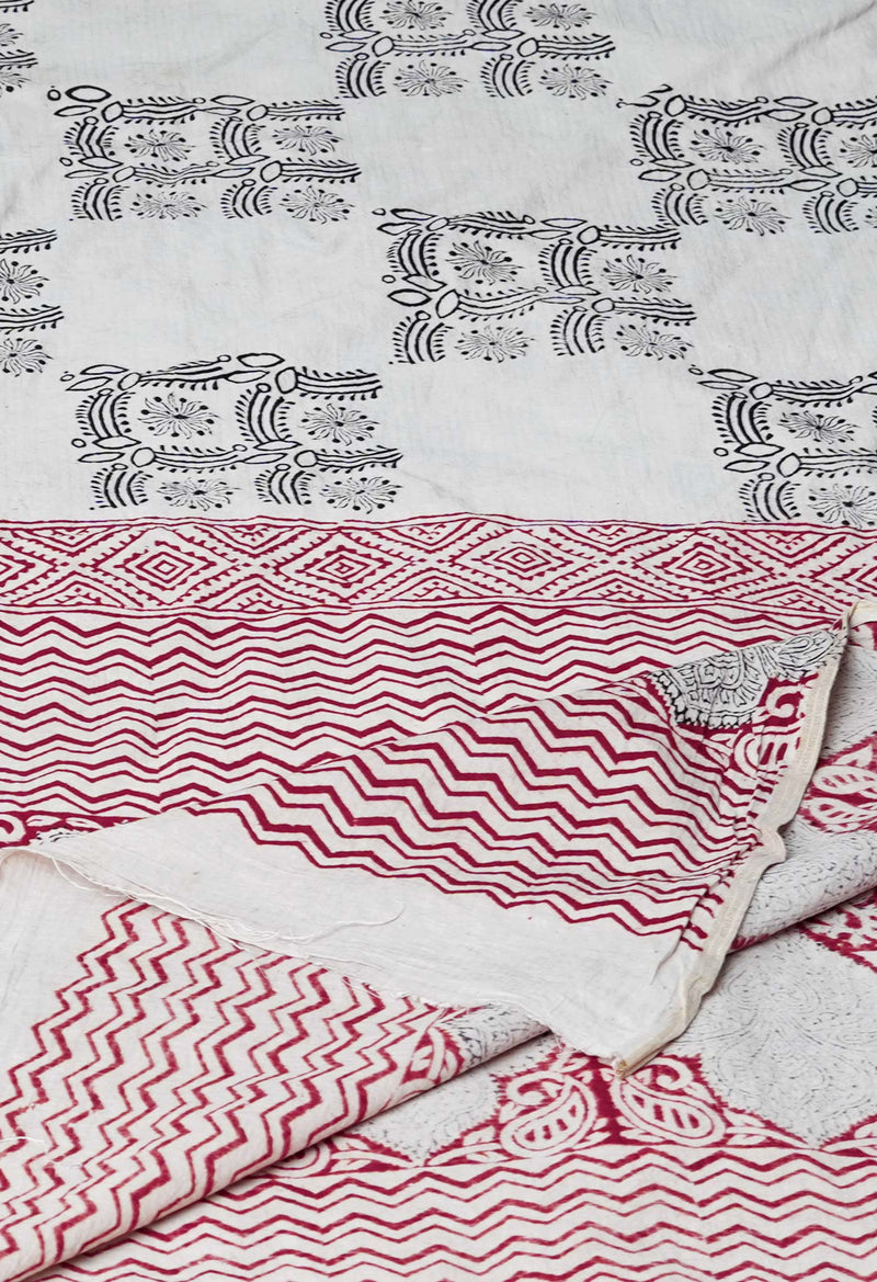 Half White Pure Cotton Bagh Printed Zari Piping Dupatta –UDS5055