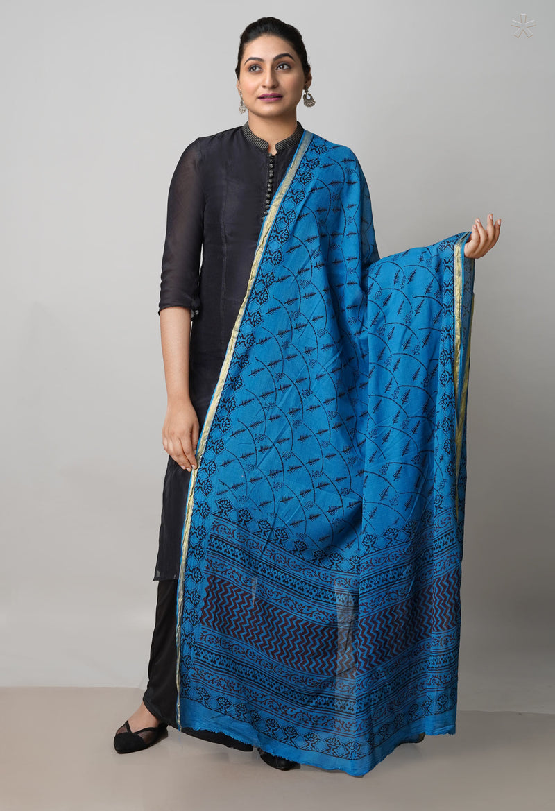 Blue Pure Cotton Bagh Printed Zari Piping Dupatta –UDS5056