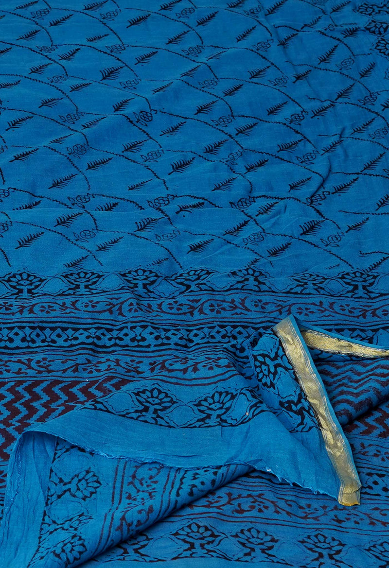 Blue Pure Cotton Bagh Printed Zari Piping Dupatta –UDS5056