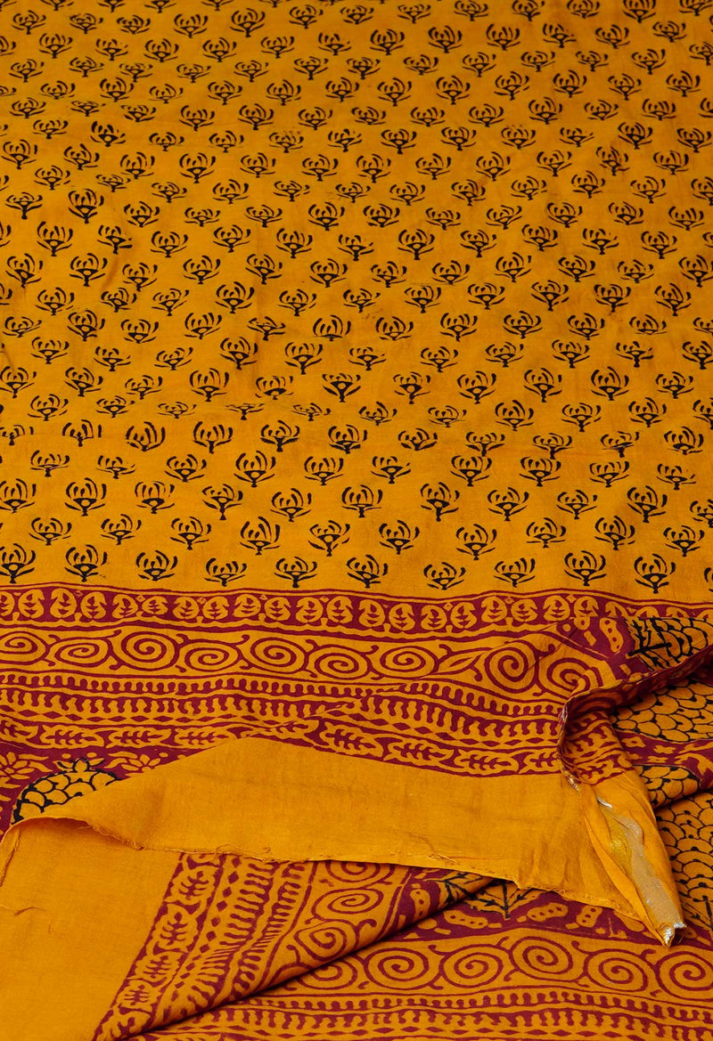 Mustard Yellow Pure Cotton Bagh Printed Zari Piping Dupatta –UDS5057