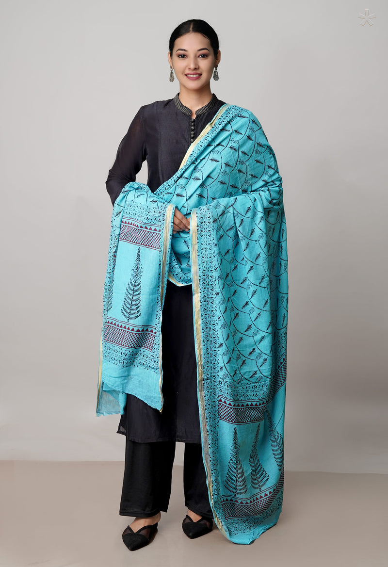 Sky Blue Pure Cotton Bagh Printed Zari Piping Dupatta –UDS5058