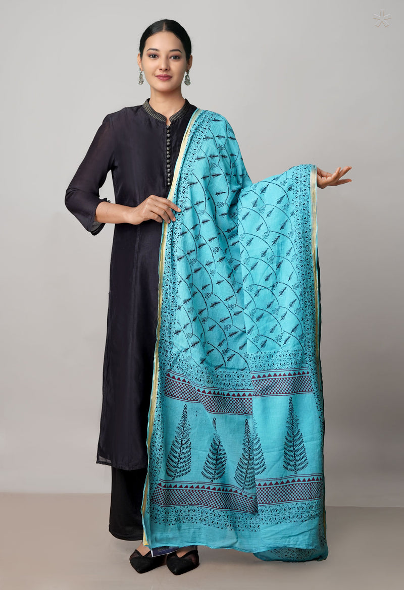 Sky Blue Pure Cotton Bagh Printed Zari Piping Dupatta –UDS5058