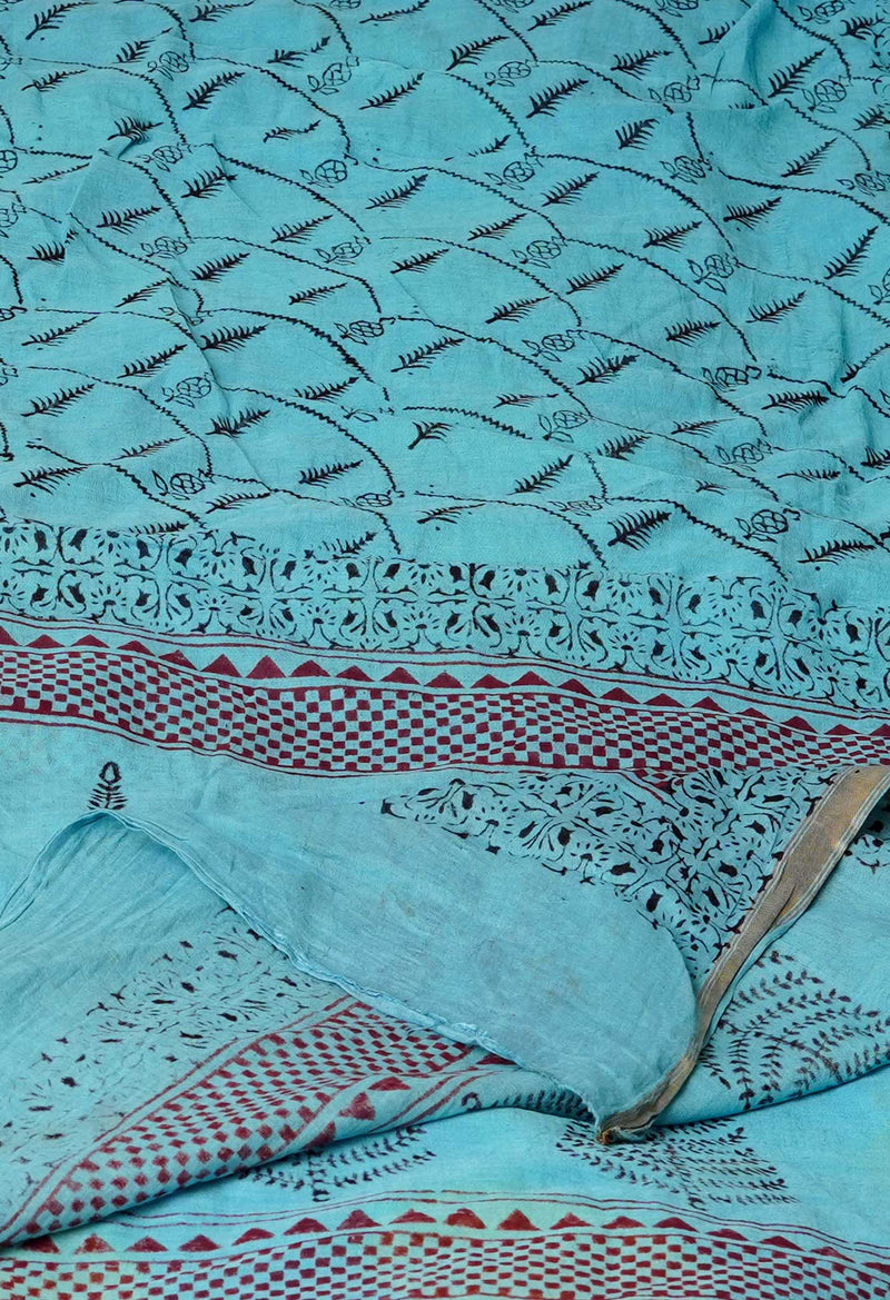 Sky Blue Pure Cotton Bagh Printed Zari Piping Dupatta –UDS5058