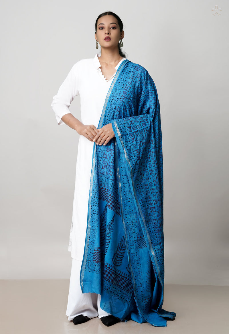 Blue Pure Cotton Bagh Printed Zari Piping Dupatta –UDS5059