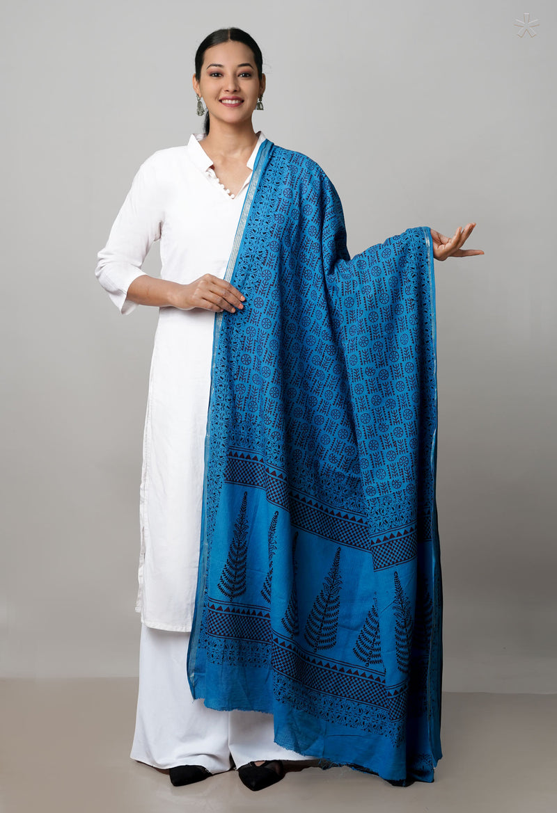 Blue Pure Cotton Bagh Printed Zari Piping Dupatta –UDS5059