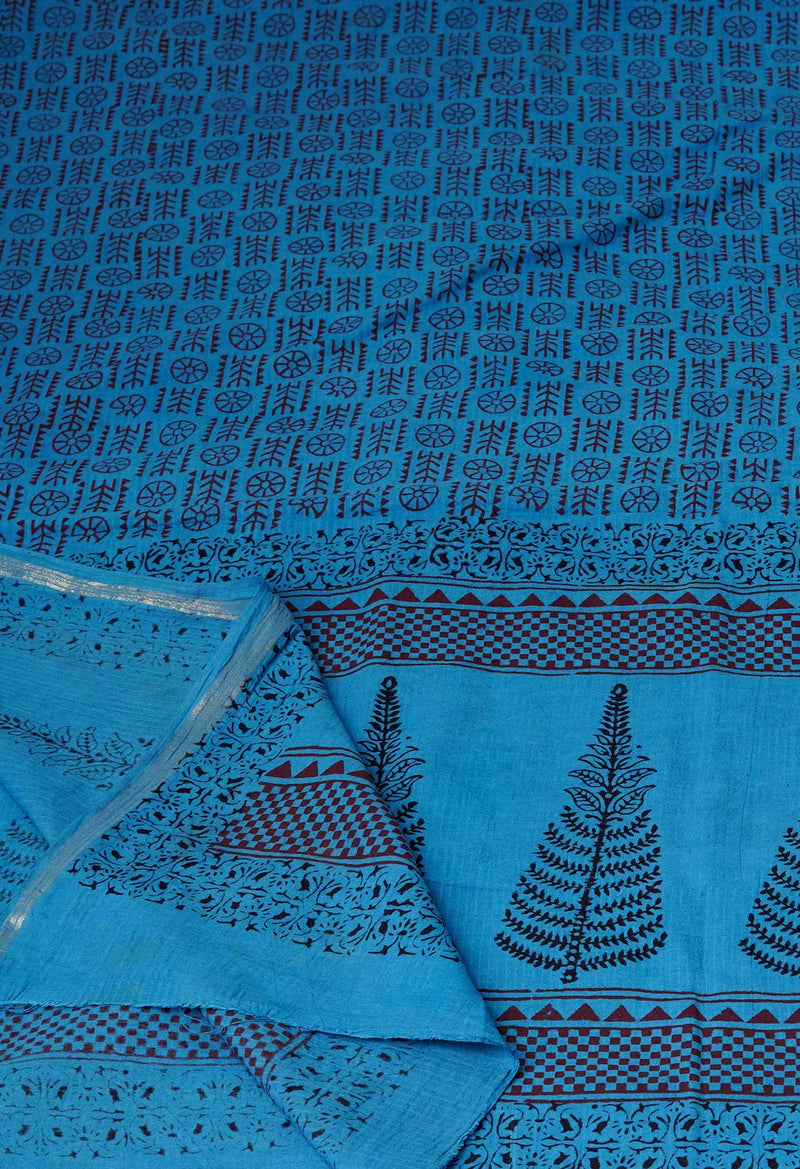 Blue Pure Cotton Bagh Printed Zari Piping Dupatta –UDS5059