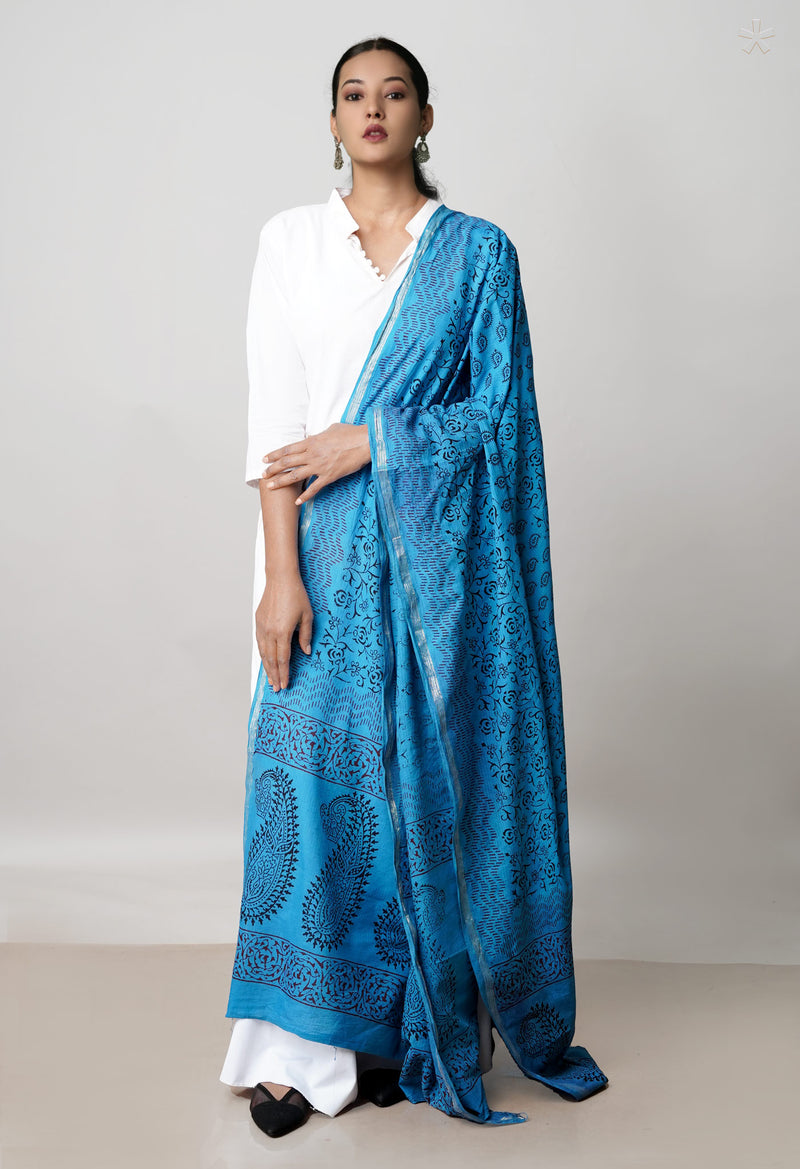 Blue Pure Cotton Bagh Printed Zari Piping Dupatta –UDS5064
