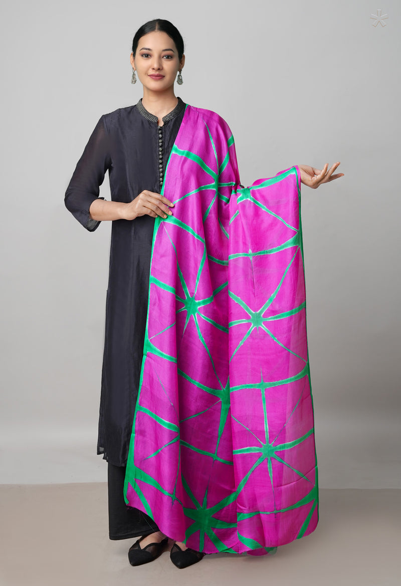 Pink Pure Handloom Clamp Dyeing Mysore Silk Dupatta–UDS5102