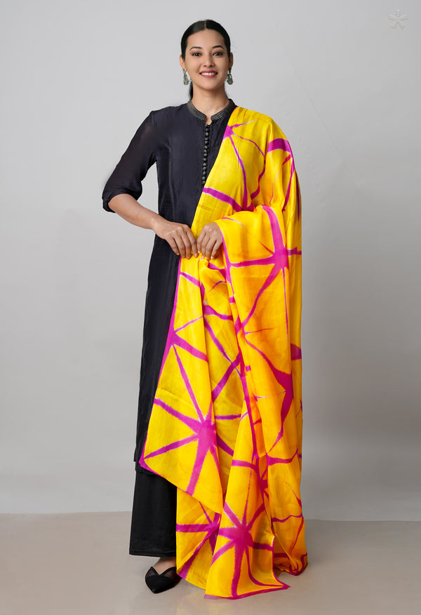 Yellow Pure Handloom Clamp Dyeing Mysore Silk Dupatta–UDS5107