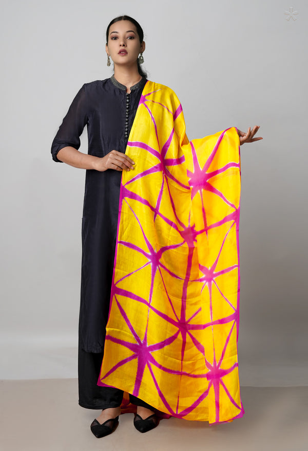 Yellow Pure Handloom Clamp Dyeing Mysore Silk Dupatta–UDS5107